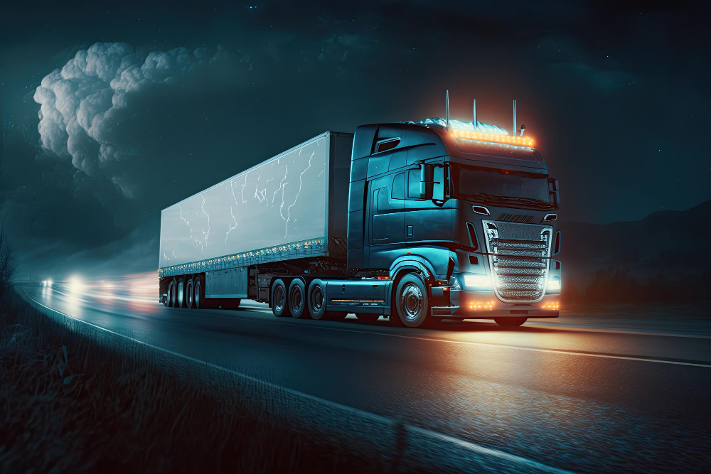 Modern diesel engine truck driving on a highway at night